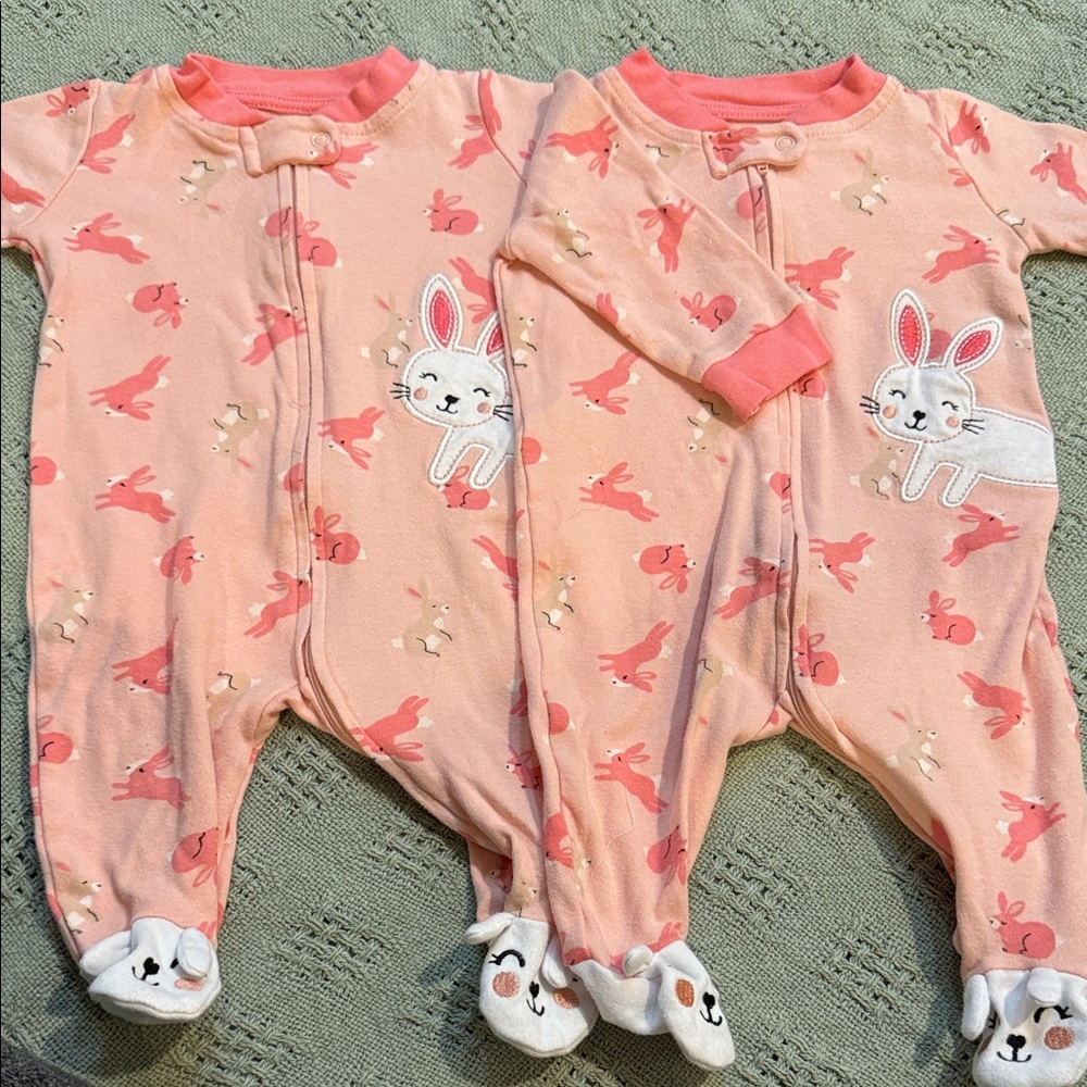 Twin set Carter's Pink Bunny Print Footed One-Piece Pajamas